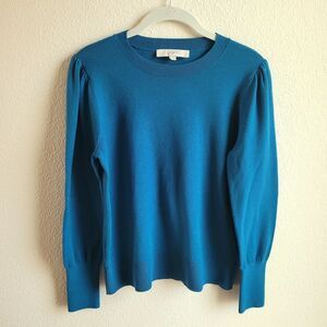 Loft Sweater Medium Teal Puff Sleeve Solid Round Neck Long Sleeve Soft 593282